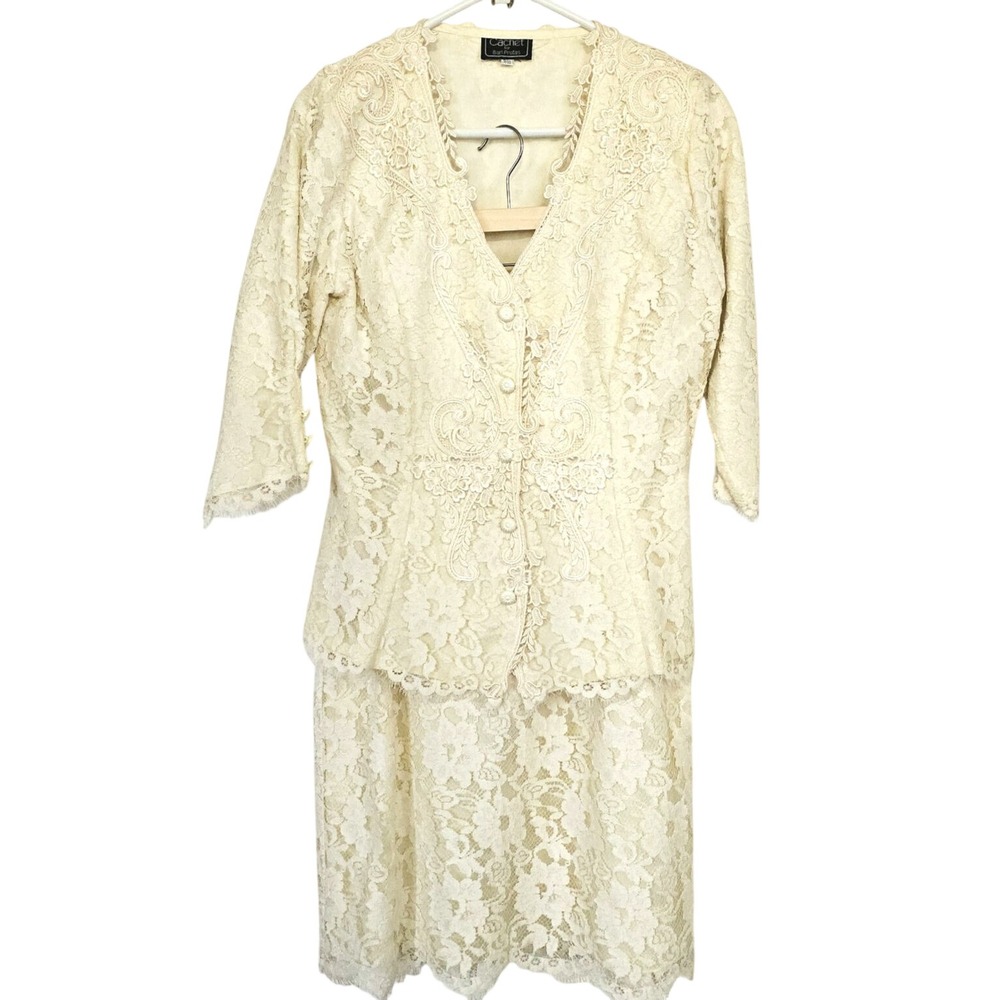 Cachet by Bari Protas Vintage Wedding Suit 9/10‎ Lace Jacket Skirt Ivory Classic